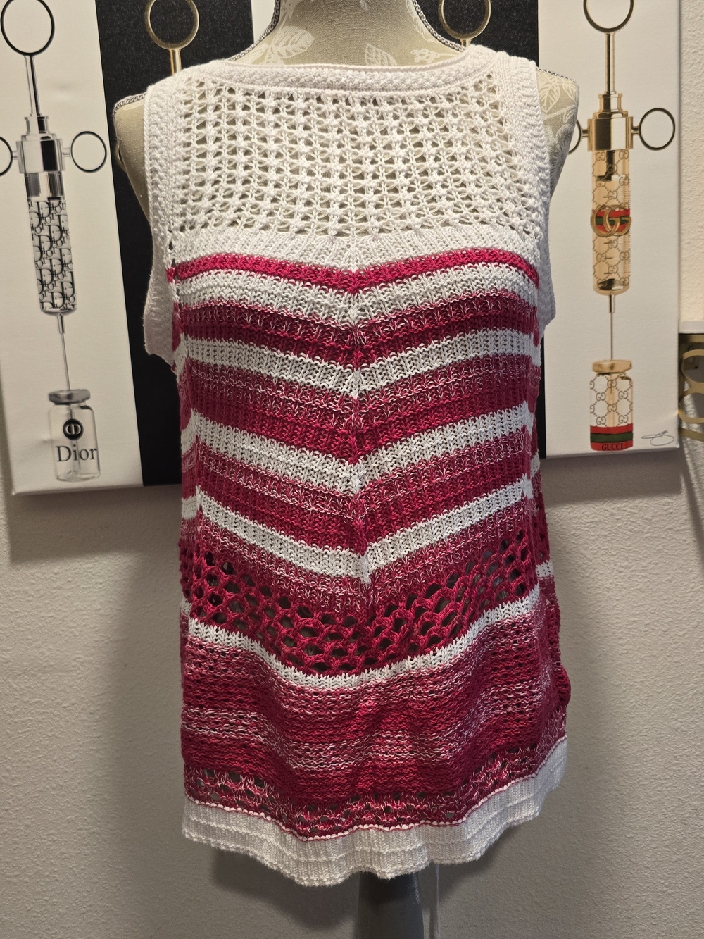 VENUS White & Fuchsia Striped Open-Knit Tank